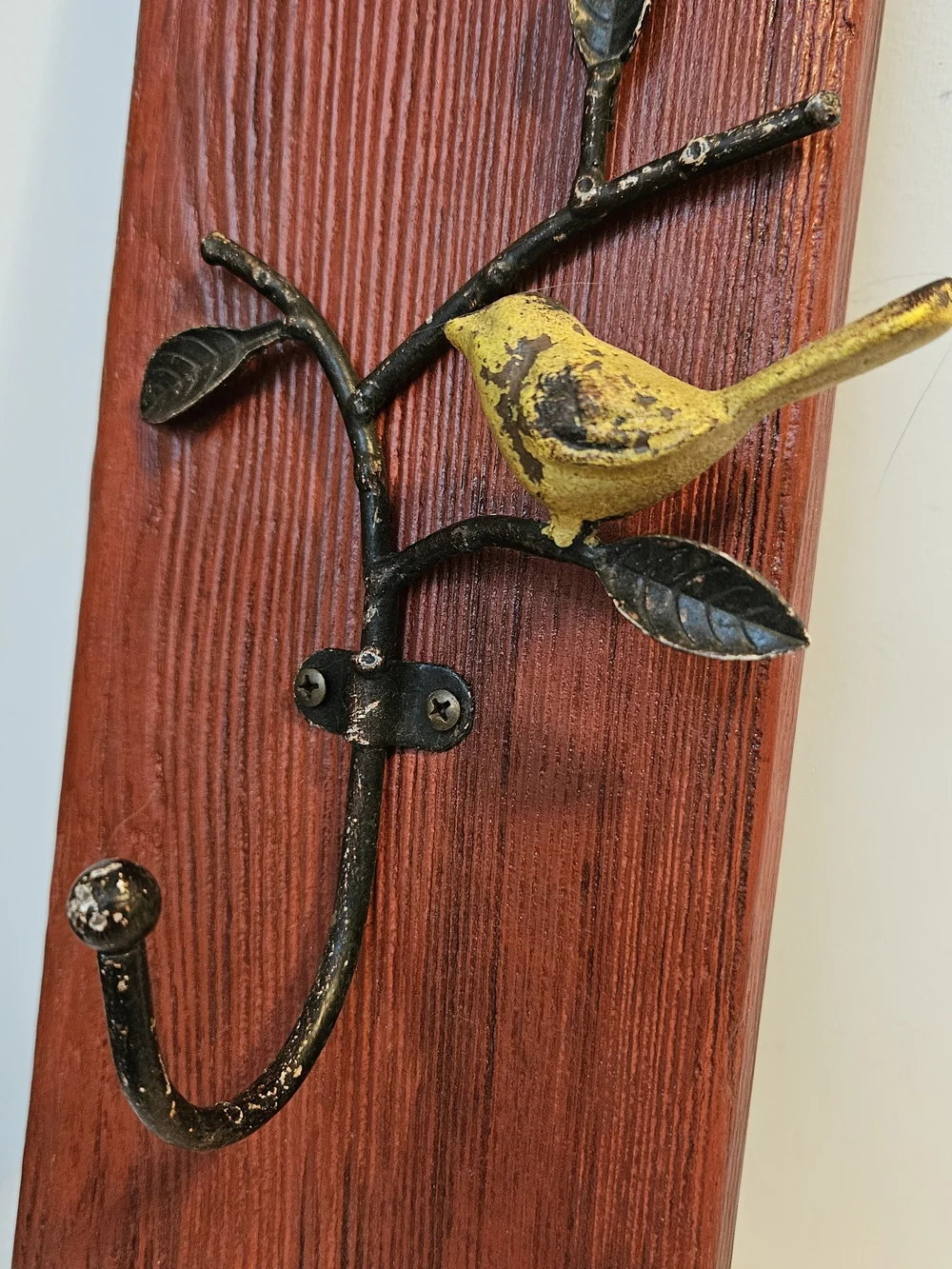 Yellow Bird Wall Hook on Rustic Red Wood - Home Wall Decor